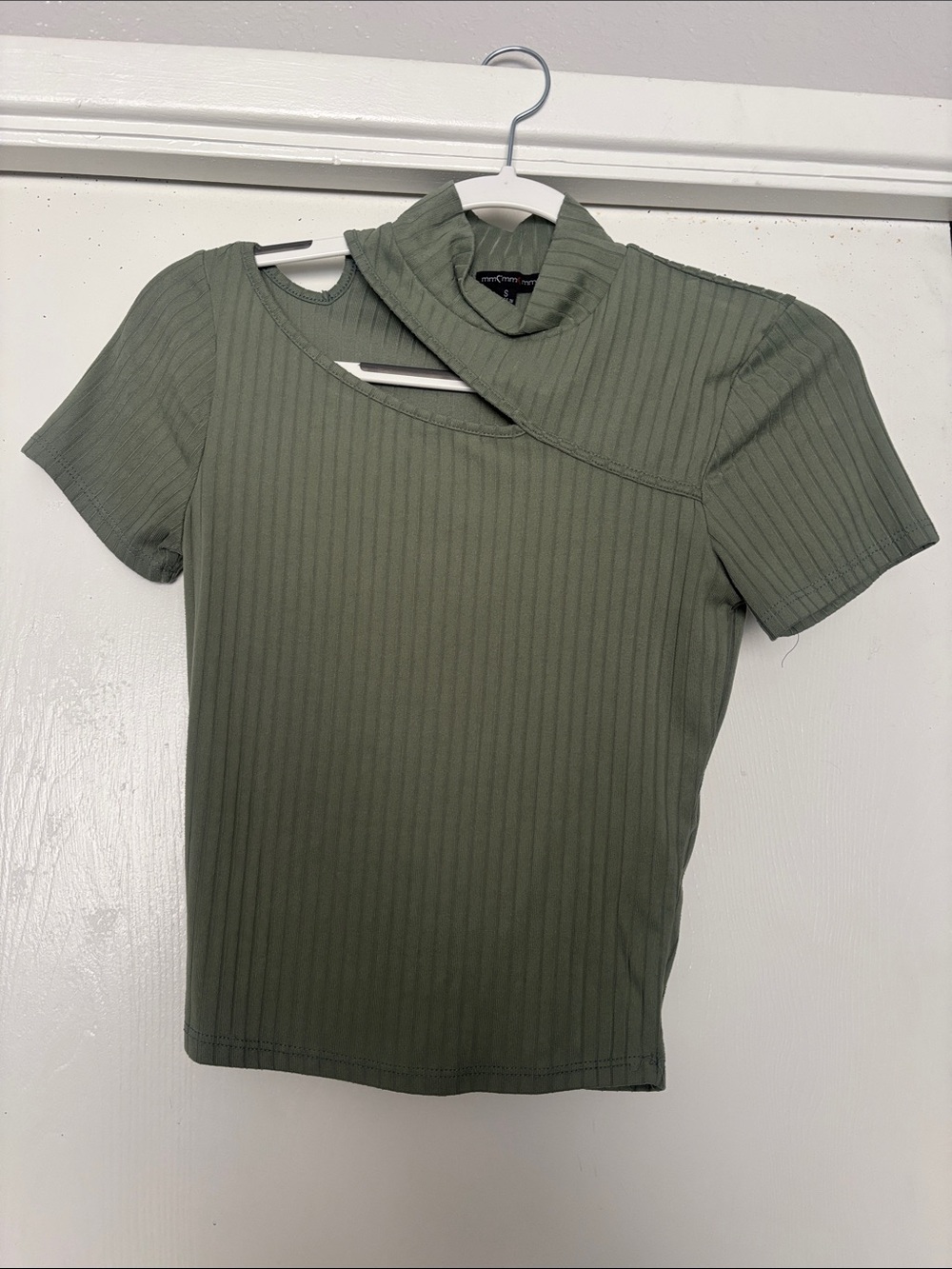 Asymmetric Cutout Ribbed Crop Top in Olive - Women